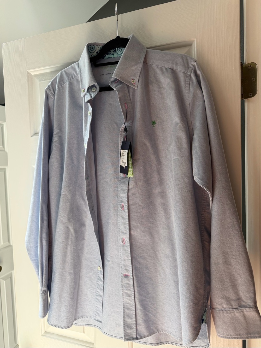 Lilly Pulitzer Men's Light Blue Button-Down Shirt with Embroidered Palm